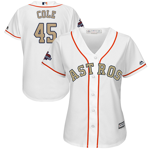 Astros #45 Gerrit Cole White 2018 Gold Program Cool Base Women's Stitched MLB Jersey - Click Image to Close